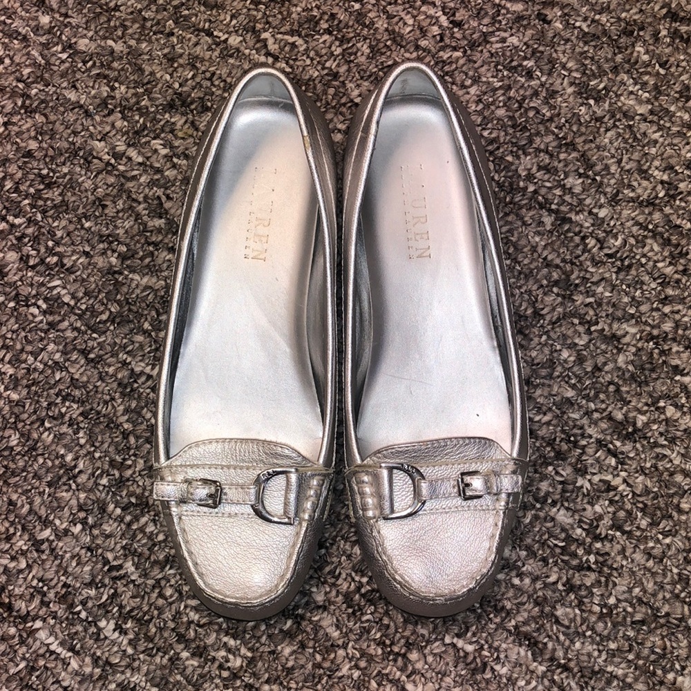 Ralph Lauren, silver slip-ons with a small wedge size 7.5 B